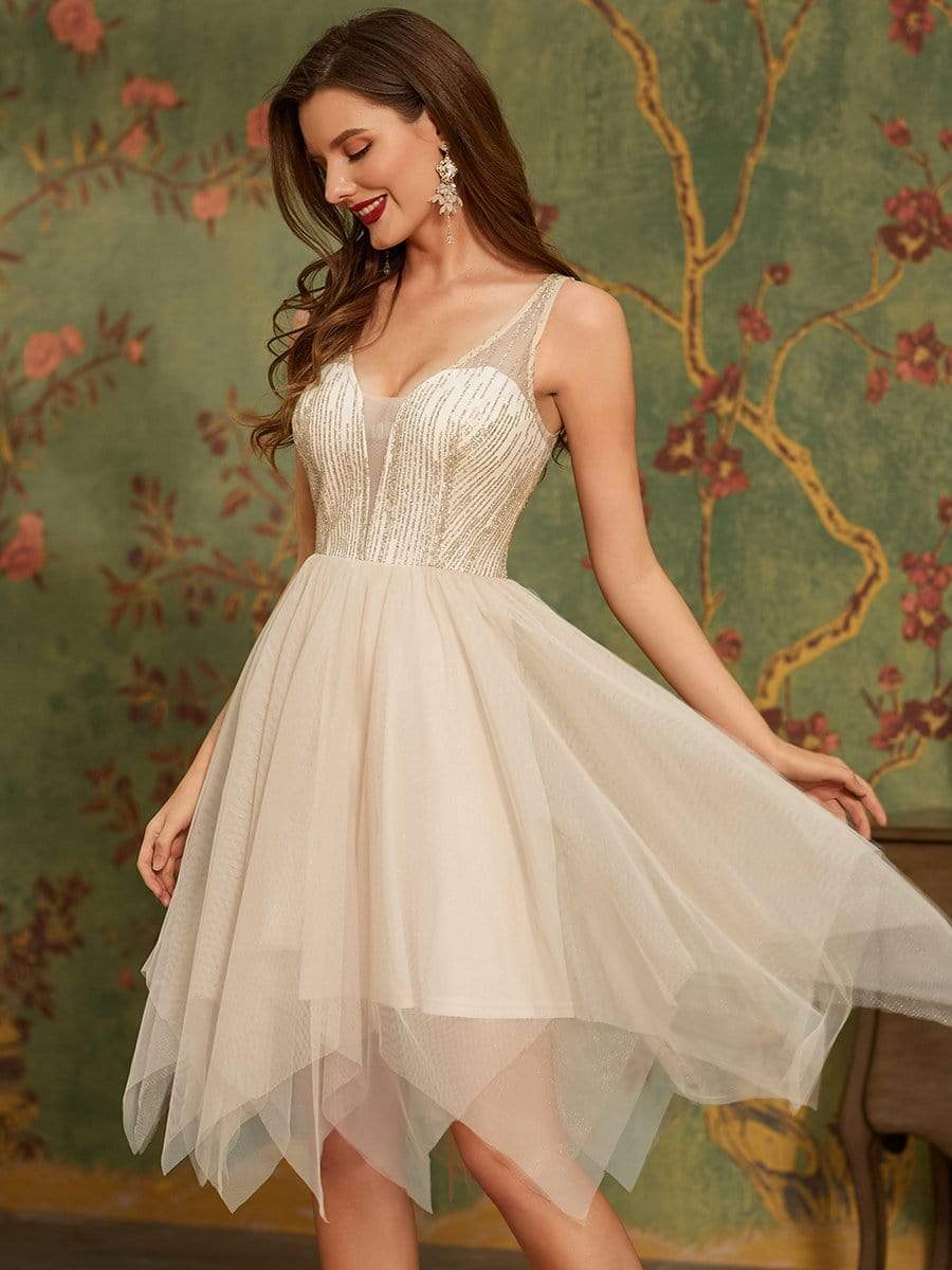 Color=Gold | Asymmetrical Deep V-neck Sleeveless Tulle Prom Dress-Gold 1 Color=Gold | Asymmetrical Deep V-neck Sleeveless Tulle Prom Dress-Gold 1