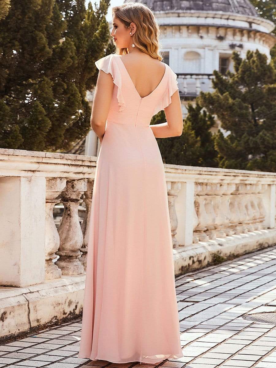 Color=Pink | Ruffled V-Neck Cap Sleeve Floor Length Bridesmaid Dress-Pink 2