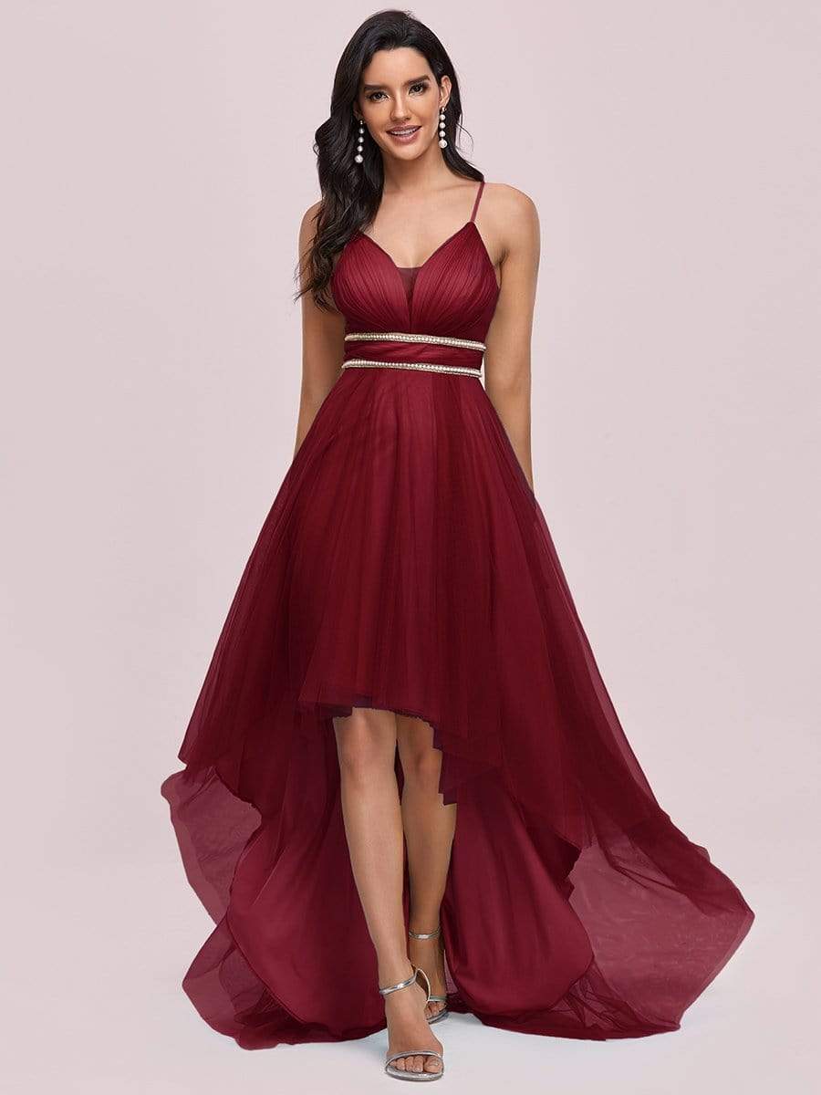 Color=Burgundy | Stylish High-Low Tulle Prom Dress With Beaded Belt-Burgundy 6 Color=Burgundy | Stylish High-Low Tulle Prom Dress With Beaded Belt-Burgundy 6