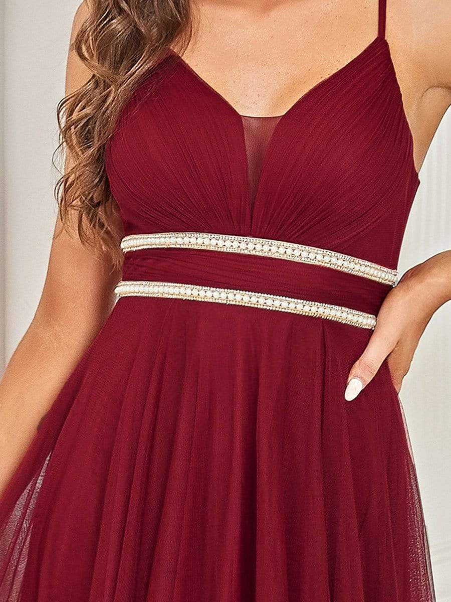 Color=Burgundy | Stylish High-Low Tulle Prom Dress With Beaded Belt-Burgundy 3 Color=Burgundy | Stylish High-Low Tulle Prom Dress With Beaded Belt-Burgundy 3