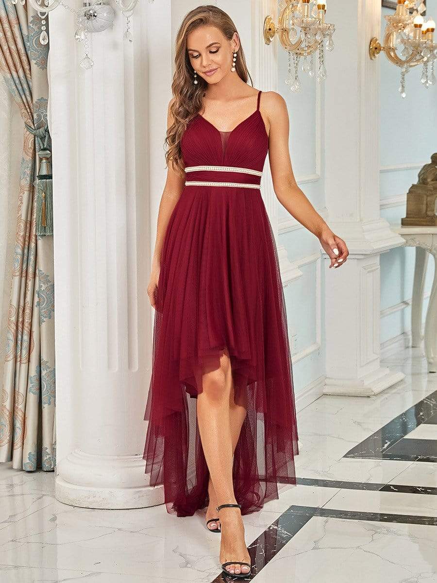 Color=Burgundy | Stylish High-Low Tulle Prom Dress With Beaded Belt-Burgundy 1 Color=Burgundy | Stylish High-Low Tulle Prom Dress With Beaded Belt-Burgundy 1