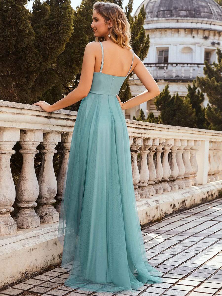 Color=Dusty blue | Stylish High-Low Tulle Prom Dress With Beaded Belt-Dusty Blue 2 Color=Dusty blue | Stylish High-Low Tulle Prom Dress With Beaded Belt-Dusty Blue 2