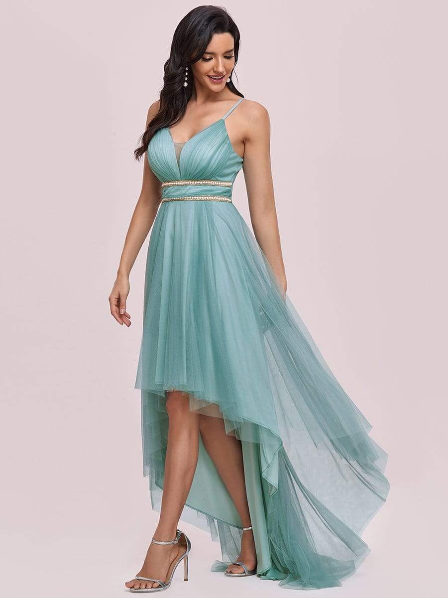 Color=Dusty blue | Stylish High-Low Tulle Prom Dress With Beaded Belt-Dusty Blue 8