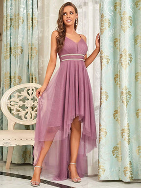 Color=Purple Orchid | Stylish High-Low Tulle Prom Dress With Beaded Belt-Purple Orchid 4