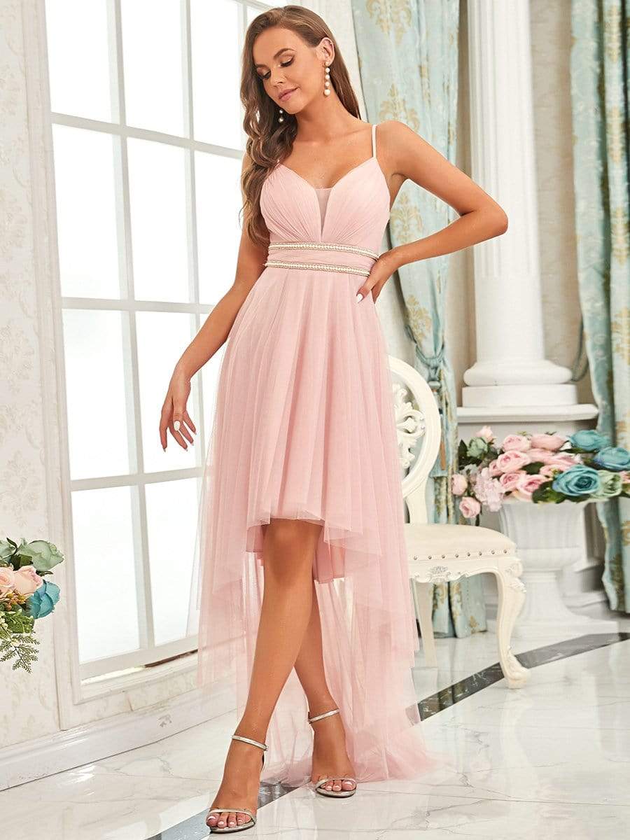 Color=Pink | Stylish High-Low Tulle Prom Dress With Beaded Belt-Pink 1 Color=Pink | Stylish High-Low Tulle Prom Dress With Beaded Belt-Pink 1