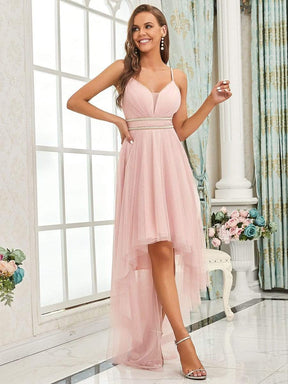 Color=Pink | Stylish High-Low Tulle Prom Dress With Beaded Belt-Pink 5