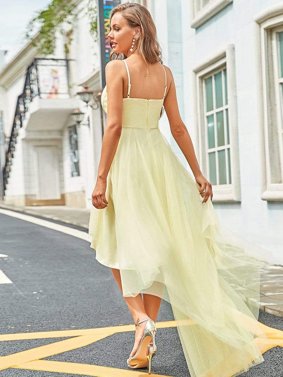 Color=Yellow | Stylish High-Low Tulle Prom Dress With Beaded Belt-Yellow 2