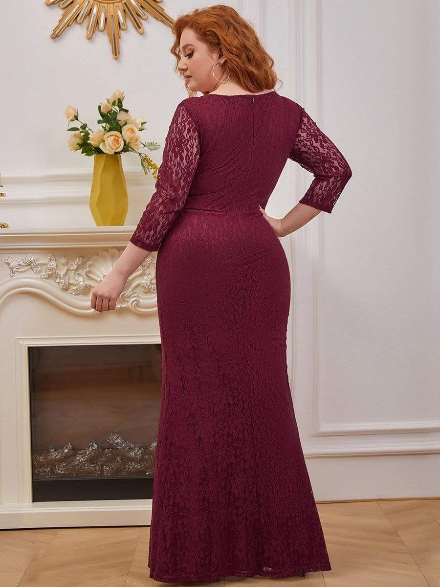 Color=Burgundy | Elegant Long Sleeves Lace Mermaid Evening Dress-Burgundy 2 Color=Burgundy | Elegant Long Sleeves Lace Mermaid Evening Dress-Burgundy 2