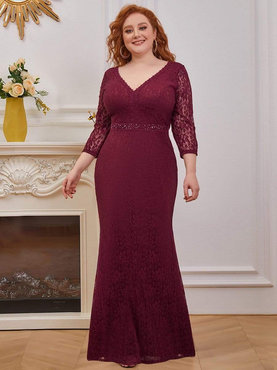 Color=Burgundy | Elegant Long Sleeves Lace Mermaid Evening Dress-Burgundy 4 Color=Burgundy | Elegant Long Sleeves Lace Mermaid Evening Dress-Burgundy 4