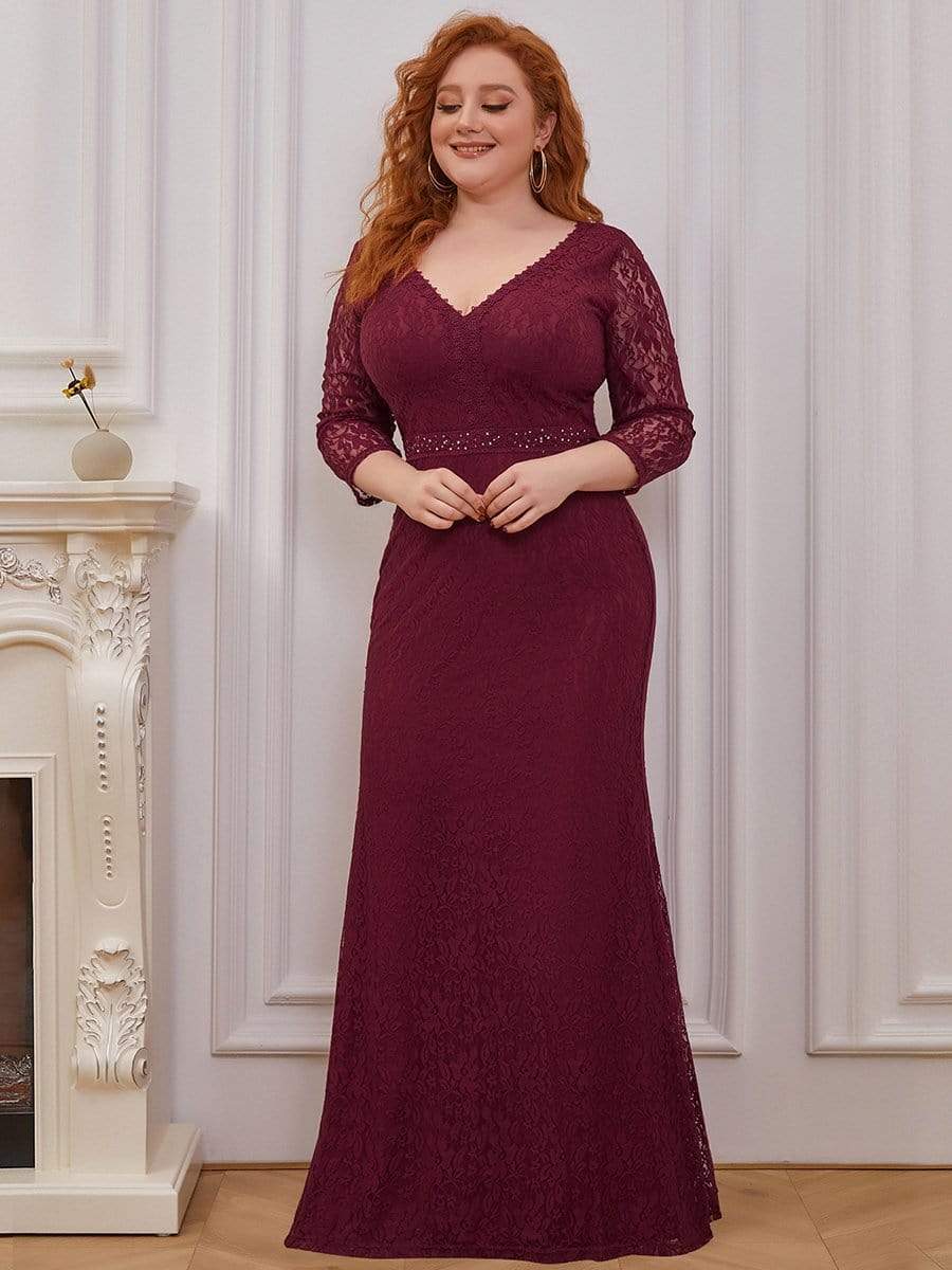 Color=Burgundy | Elegant Long Sleeves Lace Mermaid Evening Dress-Burgundy 1 Color=Burgundy | Elegant Long Sleeves Lace Mermaid Evening Dress-Burgundy 1