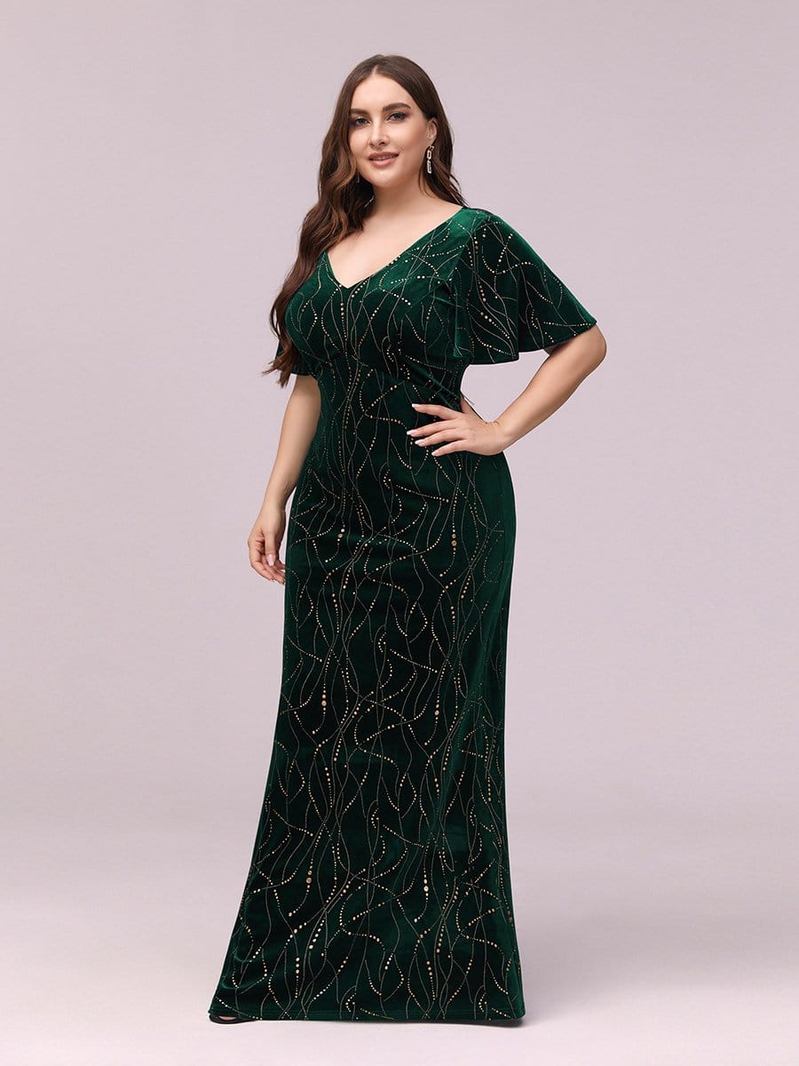 Color=Dark Green | Sexy V Neck Velvet Evenig Dress With Gold Stamping-Dark Green 3 Color=Dark Green | Sexy V Neck Velvet Evenig Dress With Gold Stamping-Dark Green 3