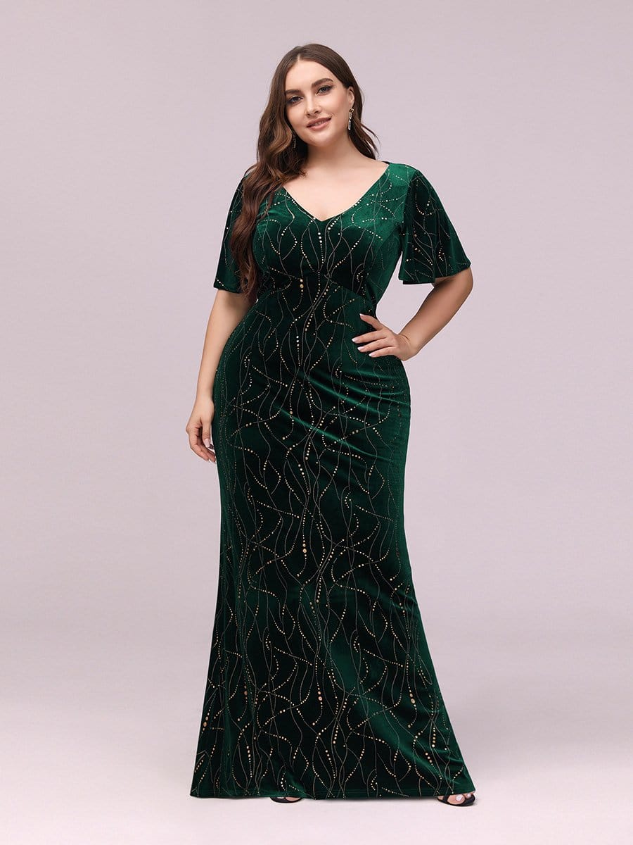 Color=Dark Green | Sexy V Neck Velvet Evenig Dress With Gold Stamping-Dark Green 1 Color=Dark Green | Sexy V Neck Velvet Evenig Dress With Gold Stamping-Dark Green 1