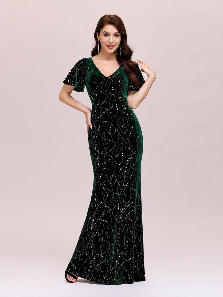 Color=Dark Green | Sexy V Neck Velvet Evenig Dress With Gold Stamping-Dark Green 6 Color=Dark Green | Sexy V Neck Velvet Evenig Dress With Gold Stamping-Dark Green 6