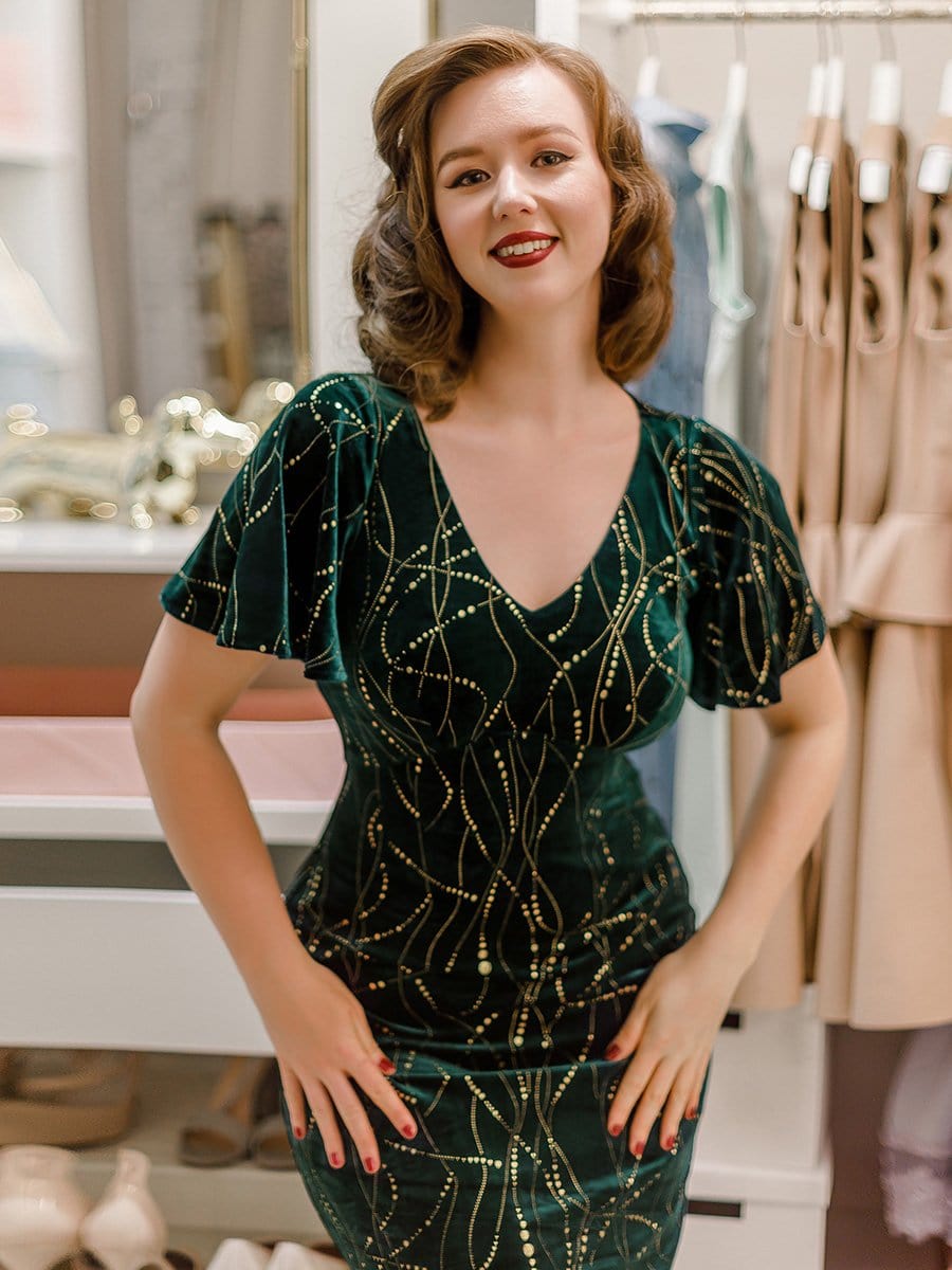 Color=Dark Green | Sexy V Neck Velvet Evenig Dress With Gold Stamping-Dark Green 5 Color=Dark Green | Sexy V Neck Velvet Evenig Dress With Gold Stamping-Dark Green 5