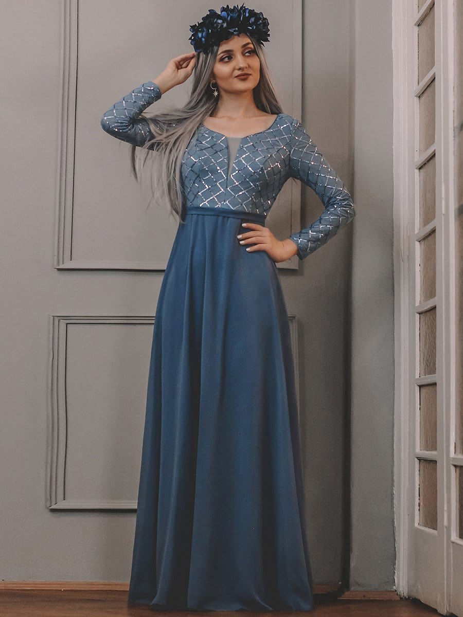 Color=Dusty Navy | Women'S Round Neck High Waist A-Line Chiffon Evening Gown-Dusty Navy 4 Color=Dusty Navy | Women'S Round Neck High Waist A-Line Chiffon Evening Gown-Dusty Navy 4