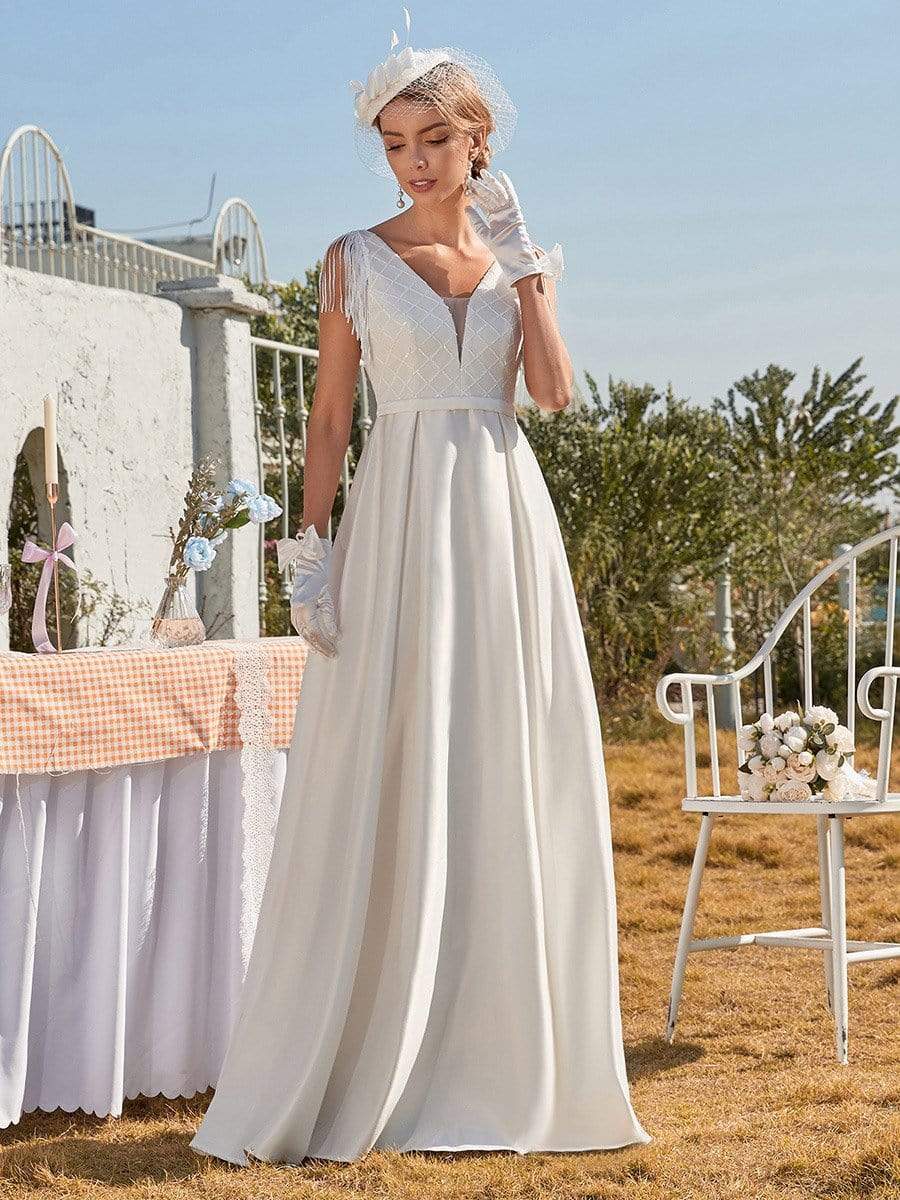 Color=Cream | Simple Deep V Neck Satin Wedding Dress With Tasseled Sleeves-Cream 3 Color=Cream | Simple Deep V Neck Satin Wedding Dress With Tasseled Sleeves-Cream 3
