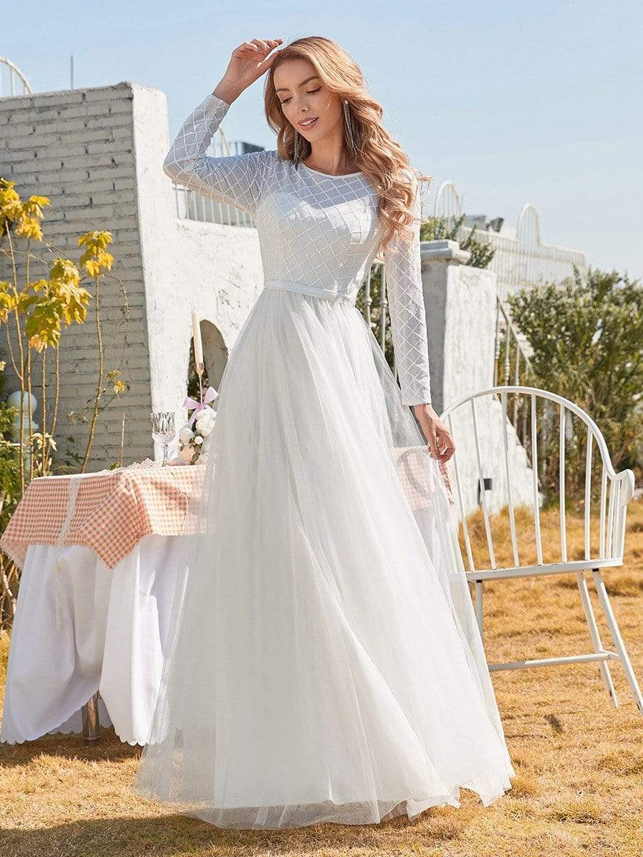 Color=Cream | Minimalist Maxi Tulle Wedding Dress With Long Sleeves-Cream 4 Color=Cream | Minimalist Maxi Tulle Wedding Dress With Long Sleeves-Cream 4