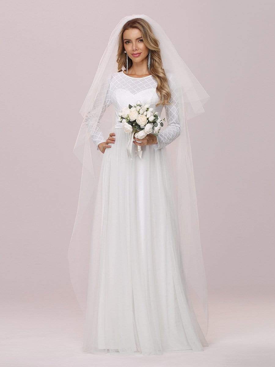 Color=Cream | Minimalist Maxi Tulle Wedding Dress With Long Sleeves-Cream 5 Color=Cream | Minimalist Maxi Tulle Wedding Dress With Long Sleeves-Cream 5