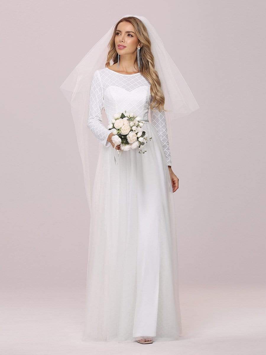 Color=Cream | Minimalist Maxi Tulle Wedding Dress With Long Sleeves-Cream 6 Color=Cream | Minimalist Maxi Tulle Wedding Dress With Long Sleeves-Cream 6