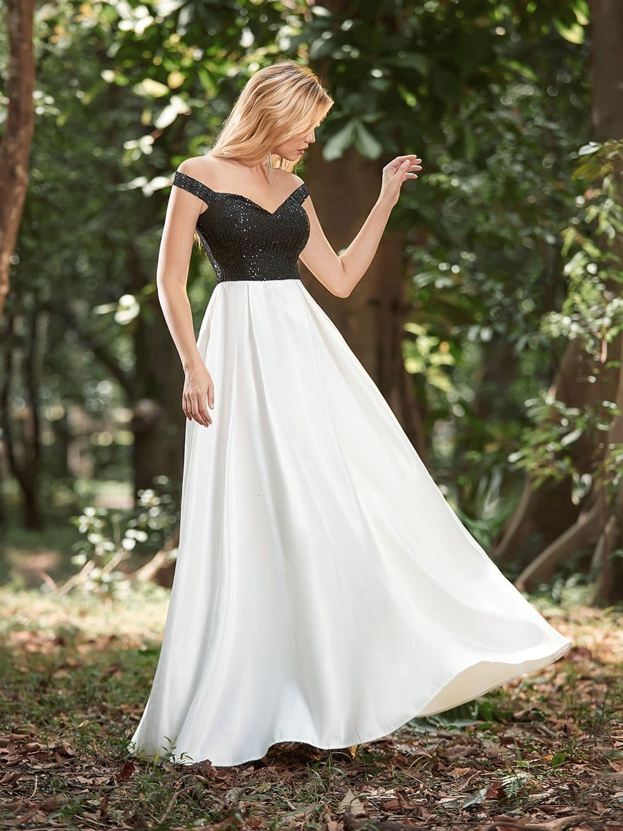 Color=Black | Trendy A-Line Satin Prom Party Dress With Sequins For Women-Black 3 Color=Black | Trendy A-Line Satin Prom Party Dress With Sequins For Women-Black 3