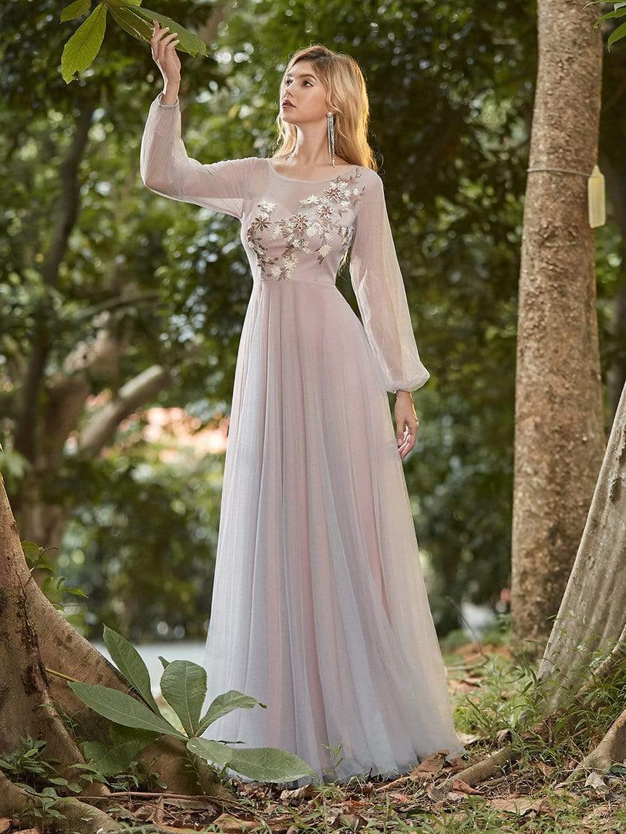 Color=Pink | Women'S Flowy A-Line Maxi Tulle Prom Dress With Appliques-Pink 3 Color=Pink | Women'S Flowy A-Line Maxi Tulle Prom Dress With Appliques-Pink 3