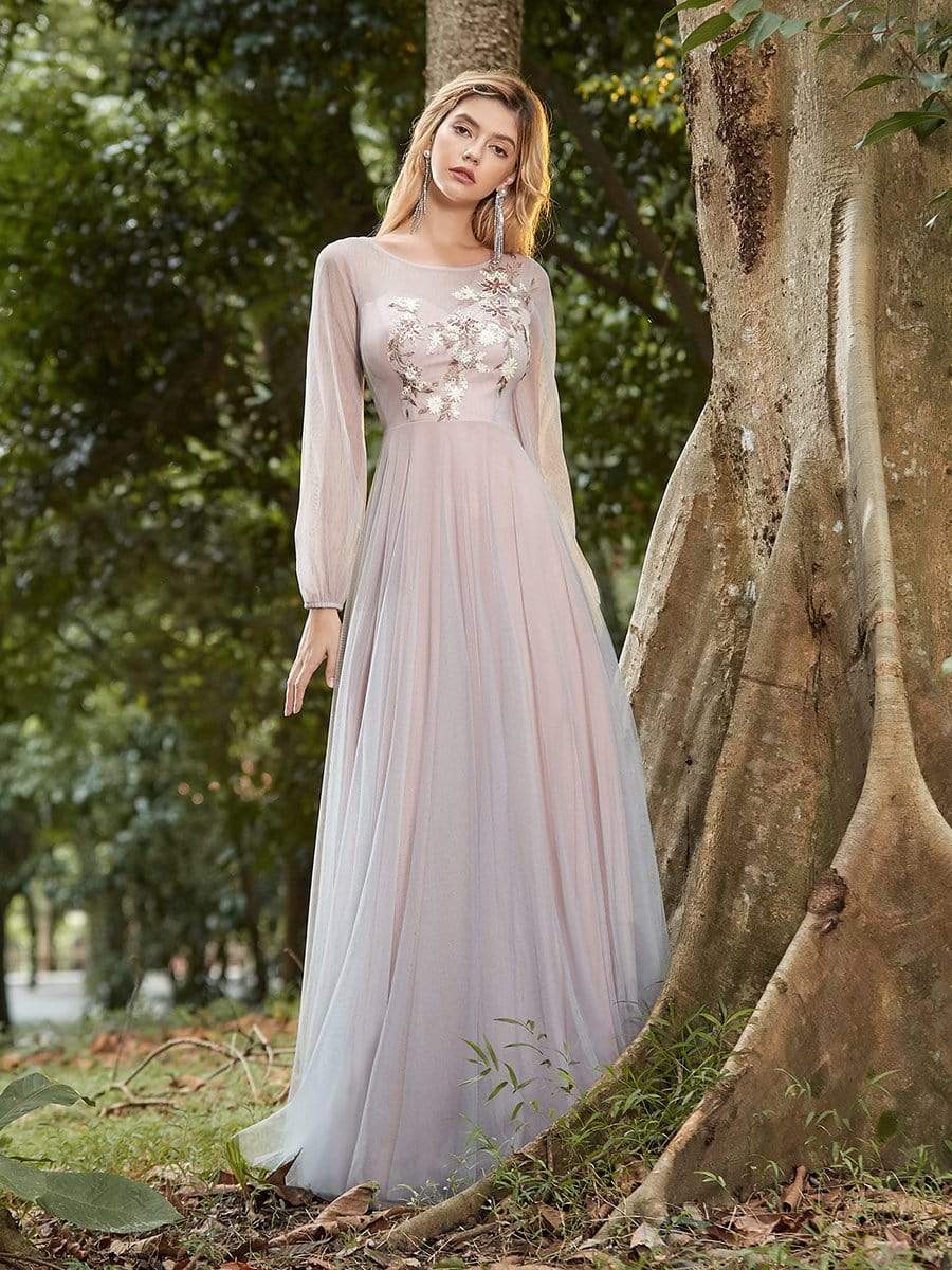 Color=Pink | Women'S Flowy A-Line Maxi Tulle Prom Dress With Appliques-Pink 4 Color=Pink | Women'S Flowy A-Line Maxi Tulle Prom Dress With Appliques-Pink 4