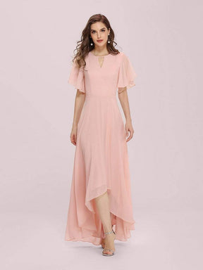 Color=Pink | Cute High Waist Chiffon Bridesmaid Dress With Asymmetrical Hem-Pink 4