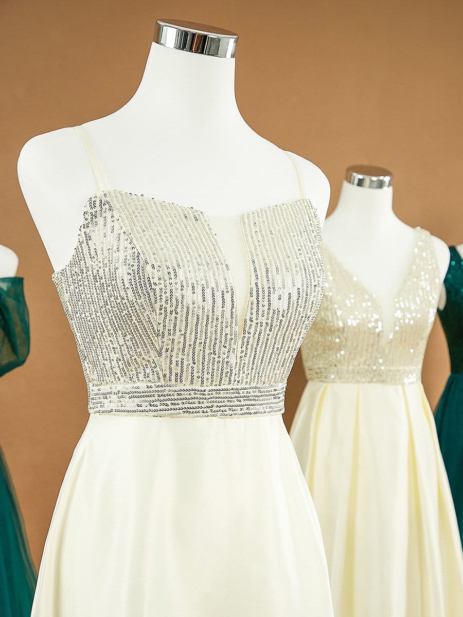 Color=Yellow | Sweet Double V Neck A-Line Satin Prom Dress With Sequin-Yellow 6 Color=Yellow | Sweet Double V Neck A-Line Satin Prom Dress With Sequin-Yellow 6