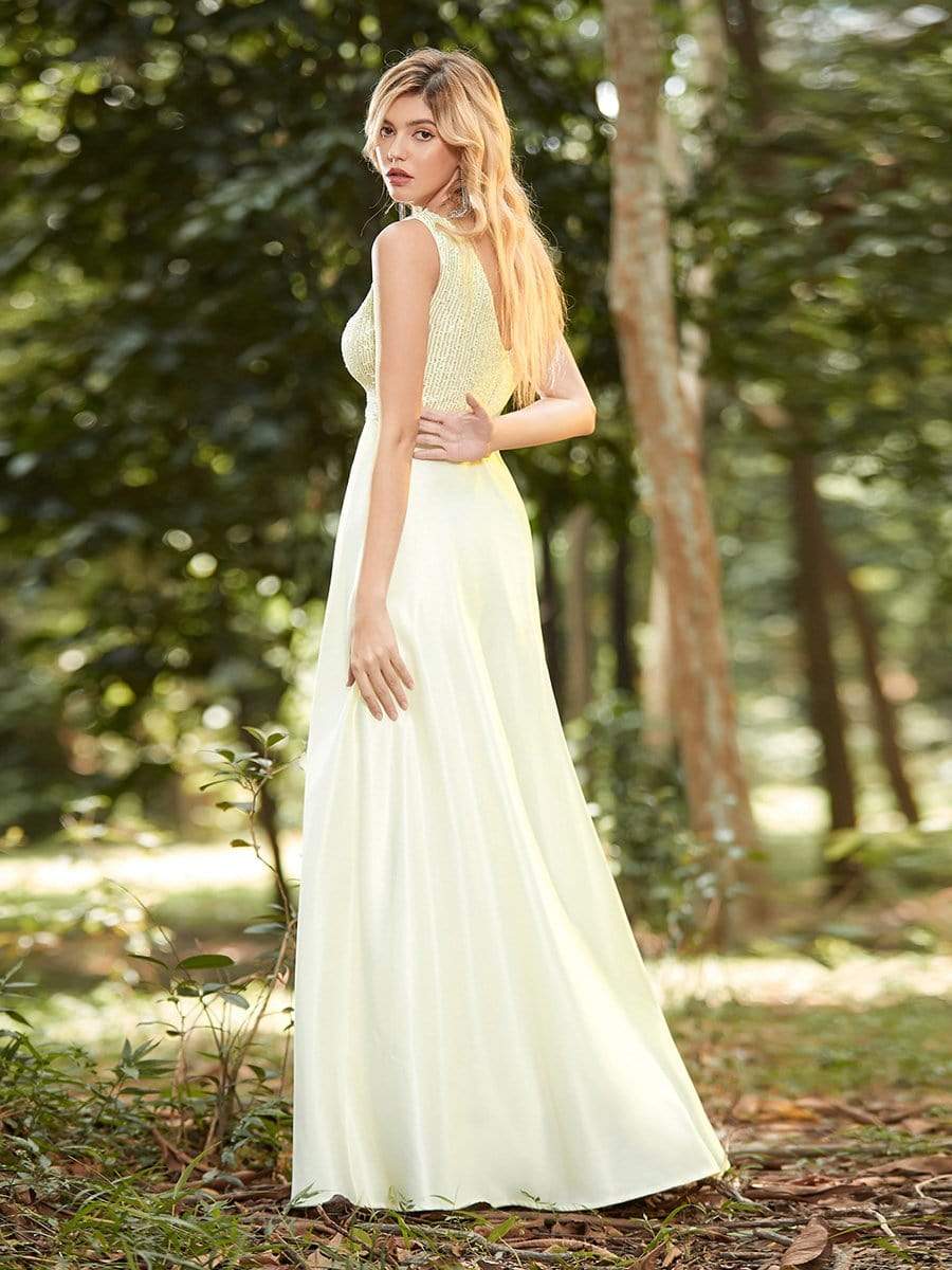 Color=Yellow | Sweet Double V Neck A-Line Satin Prom Dress With Sequin-Yellow 4 Color=Yellow | Sweet Double V Neck A-Line Satin Prom Dress With Sequin-Yellow 4