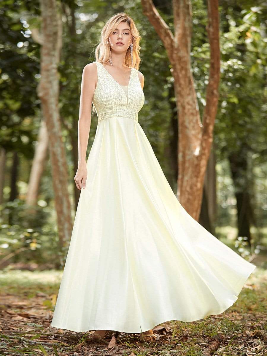 Color=Yellow | Sweet Double V Neck A-Line Satin Prom Dress With Sequin-Yellow 3 Color=Yellow | Sweet Double V Neck A-Line Satin Prom Dress With Sequin-Yellow 3