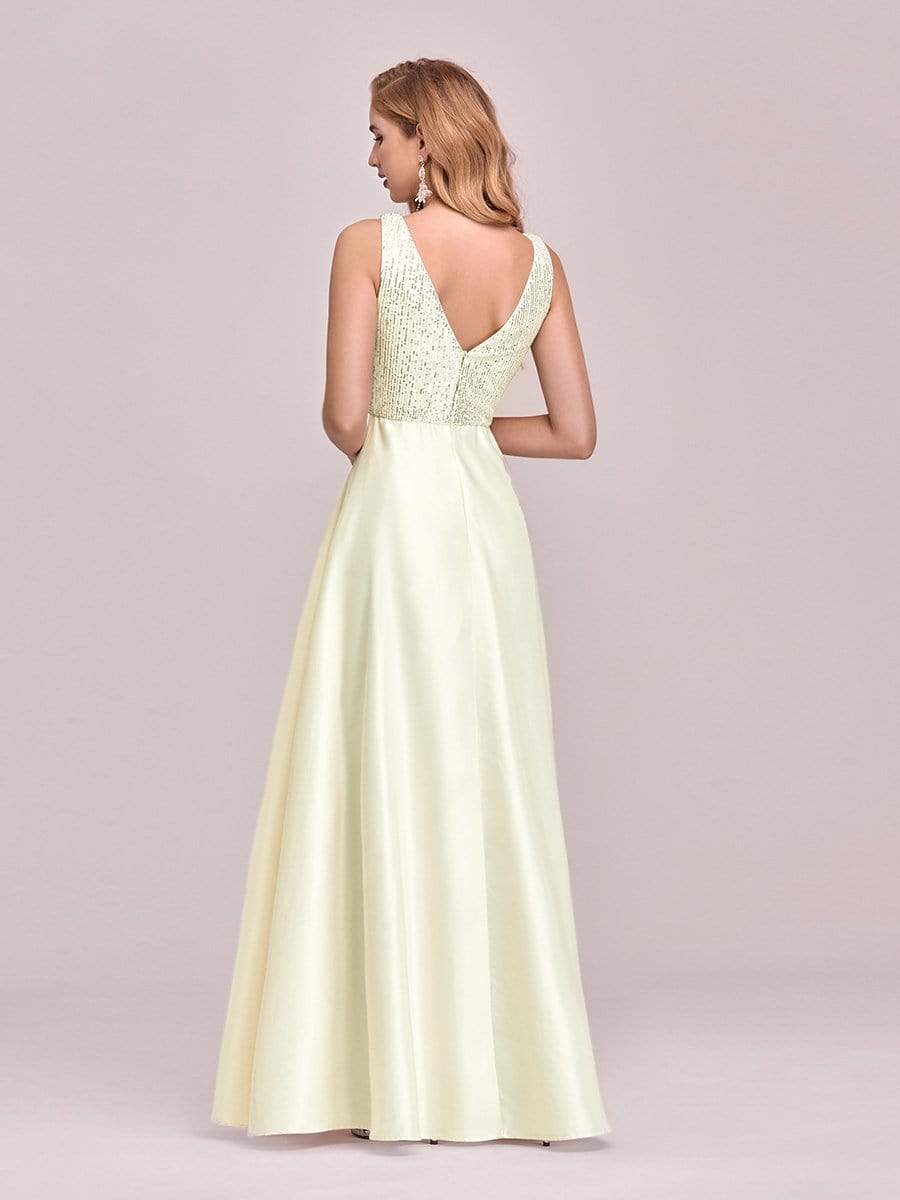 Color=Yellow | Sweet Double V Neck A-Line Satin Prom Dress With Sequin-Yellow 2 Color=Yellow | Sweet Double V Neck A-Line Satin Prom Dress With Sequin-Yellow 2