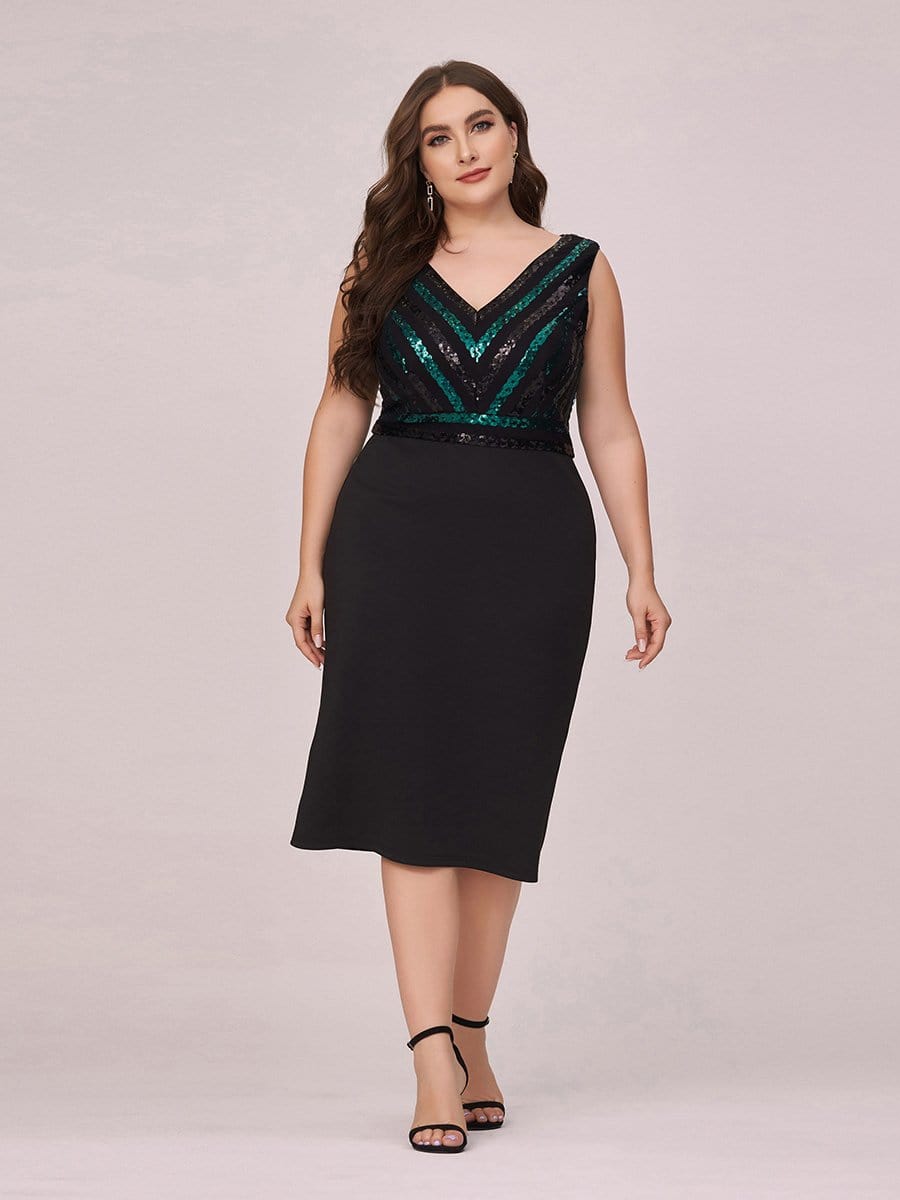 Color=Black | Women'S Plus Size V Neck Sequin Midi-Length Party Dress-Black 1 Color=Black | Women'S Plus Size V Neck Sequin Midi-Length Party Dress-Black 1