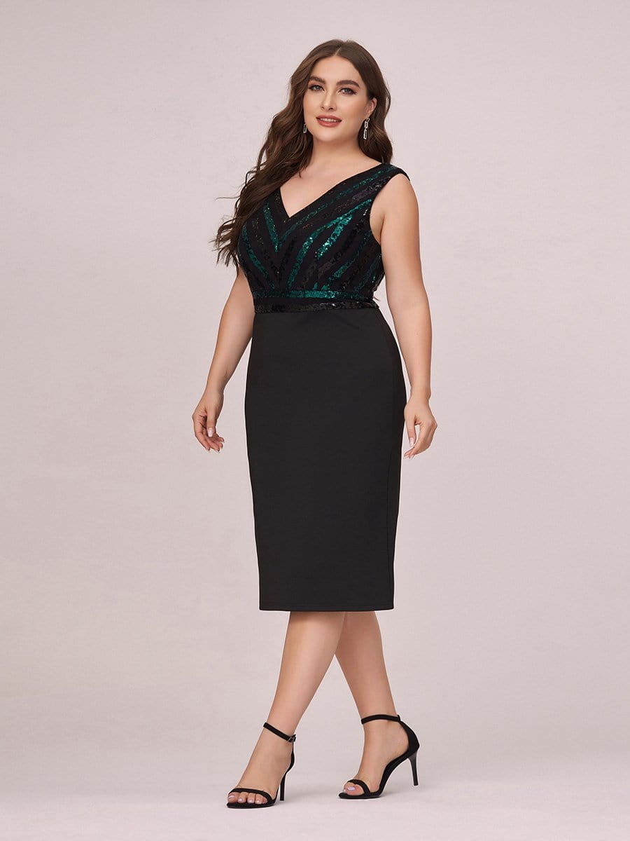 Color=Black | Women'S Plus Size V Neck Sequin Midi-Length Party Dress-Black 3 Color=Black | Women'S Plus Size V Neck Sequin Midi-Length Party Dress-Black 3