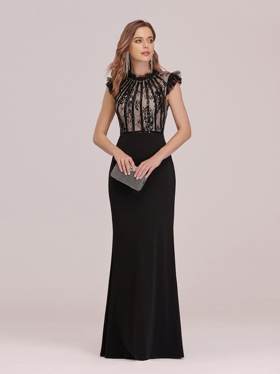 Color=Black | Elegant Floor Length Lace Fishtail Evening Dress With Ruffles-Black 1 Color=Black | Elegant Floor Length Lace Fishtail Evening Dress With Ruffles-Black 1