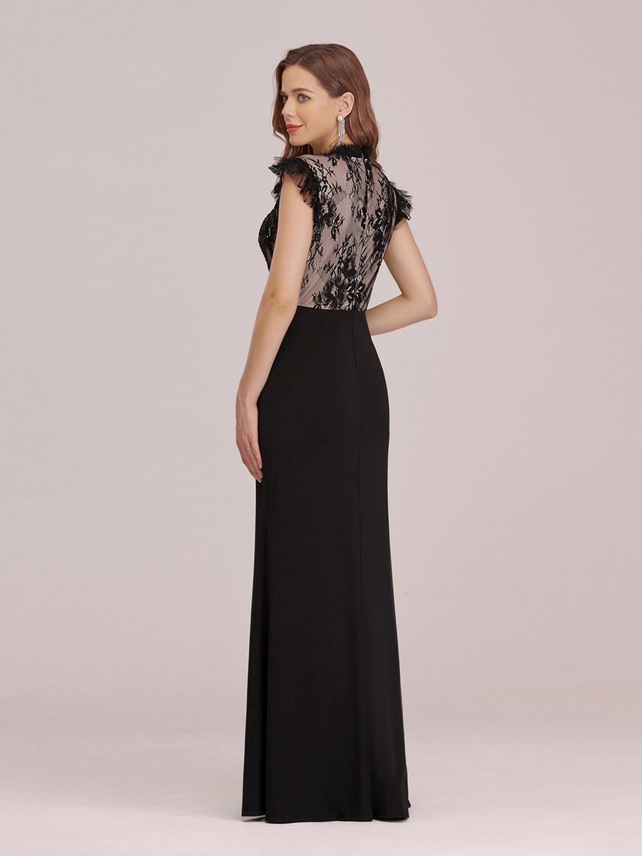 Color=Black | Elegant Floor Length Lace Fishtail Evening Dress With Ruffles-Black 2 Color=Black | Elegant Floor Length Lace Fishtail Evening Dress With Ruffles-Black 2