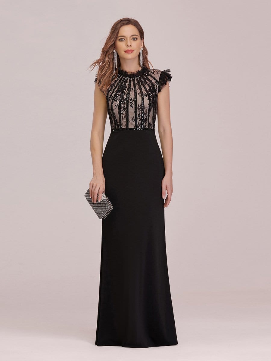 Color=Black | Elegant Floor Length Lace Fishtail Evening Dress With Ruffles-Black 4 Color=Black | Elegant Floor Length Lace Fishtail Evening Dress With Ruffles-Black 4