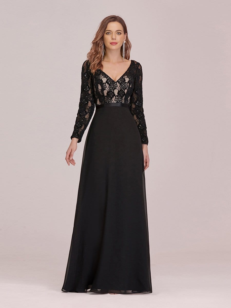 Color=Black | Chic A-Line Maxi Chiffon Evening Gowns With See-Through Lace-Black 1 Color=Black | Chic A-Line Maxi Chiffon Evening Gowns With See-Through Lace-Black 1