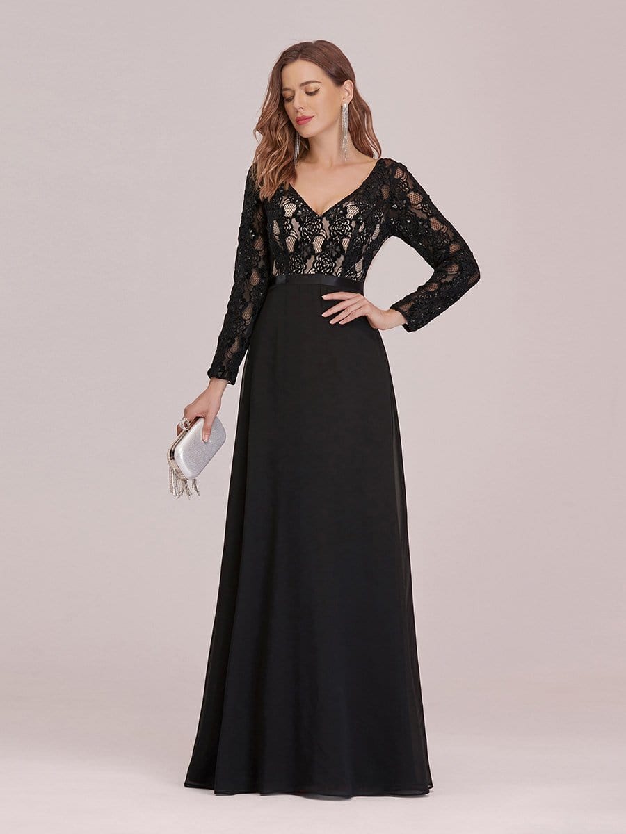 Color=Black | Chic A-Line Maxi Chiffon Evening Gowns With See-Through Lace-Black 4 Color=Black | Chic A-Line Maxi Chiffon Evening Gowns With See-Through Lace-Black 4
