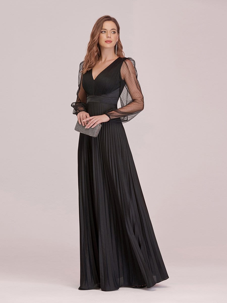 Color=Black | Women'S Maxi Pleated Evening Dress With See Through Long Sleeves-Black 3 Color=Black | Women'S Maxi Pleated Evening Dress With See Through Long Sleeves-Black 3