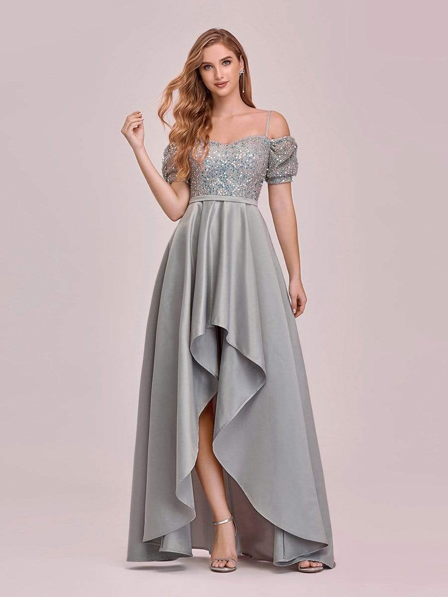 Color=Grey | Sweet High-Low Satin & Sequin Prom Dress With Spaghetti Straps-Grey 4 Color=Grey | Sweet High-Low Satin & Sequin Prom Dress With Spaghetti Straps-Grey 4