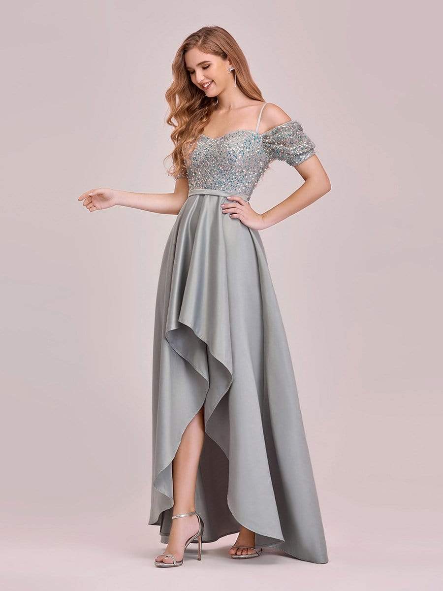 Color=Grey | Sweet High-Low Satin & Sequin Prom Dress With Spaghetti Straps-Grey 3 Color=Grey | Sweet High-Low Satin & Sequin Prom Dress With Spaghetti Straps-Grey 3