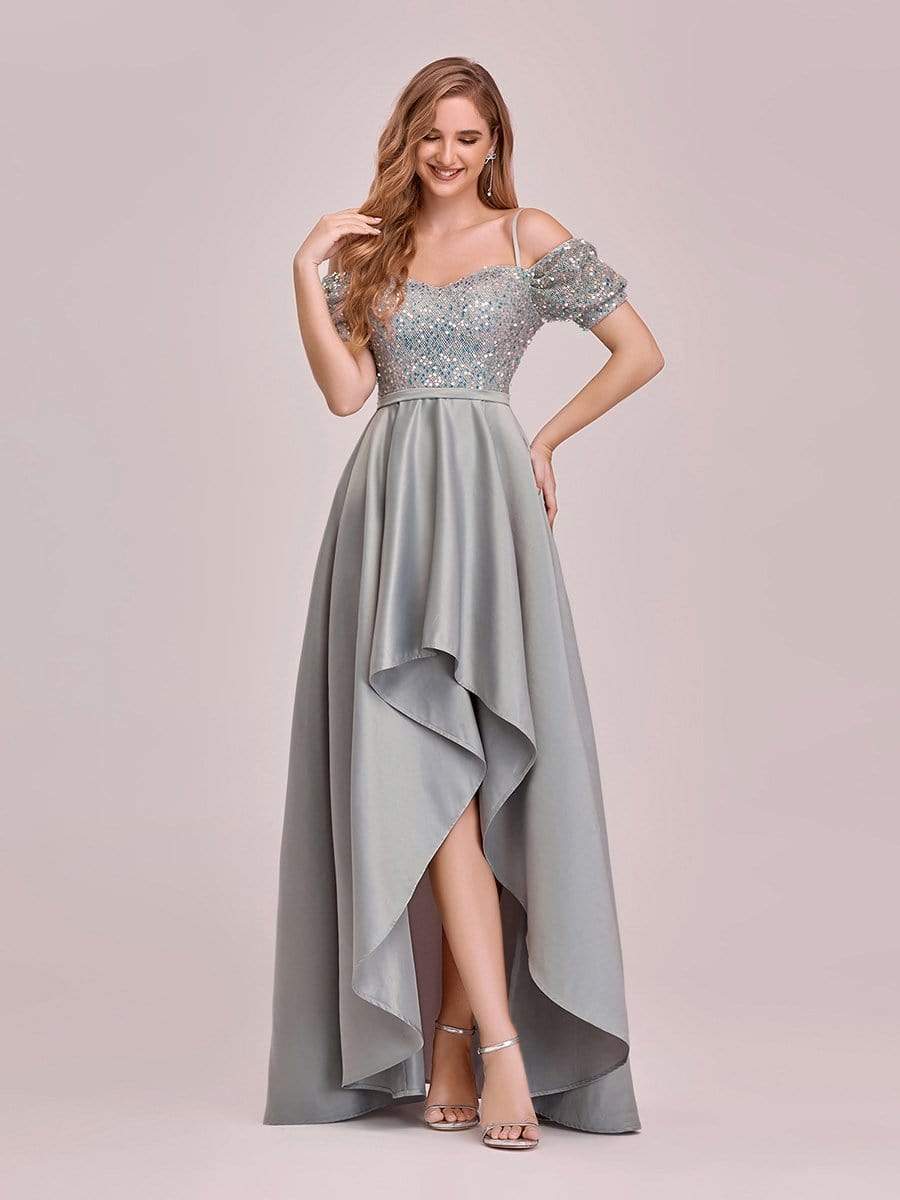 Color=Grey | Sweet High-Low Satin & Sequin Prom Dress With Spaghetti Straps-Grey 1 Color=Grey | Sweet High-Low Satin & Sequin Prom Dress With Spaghetti Straps-Grey 1
