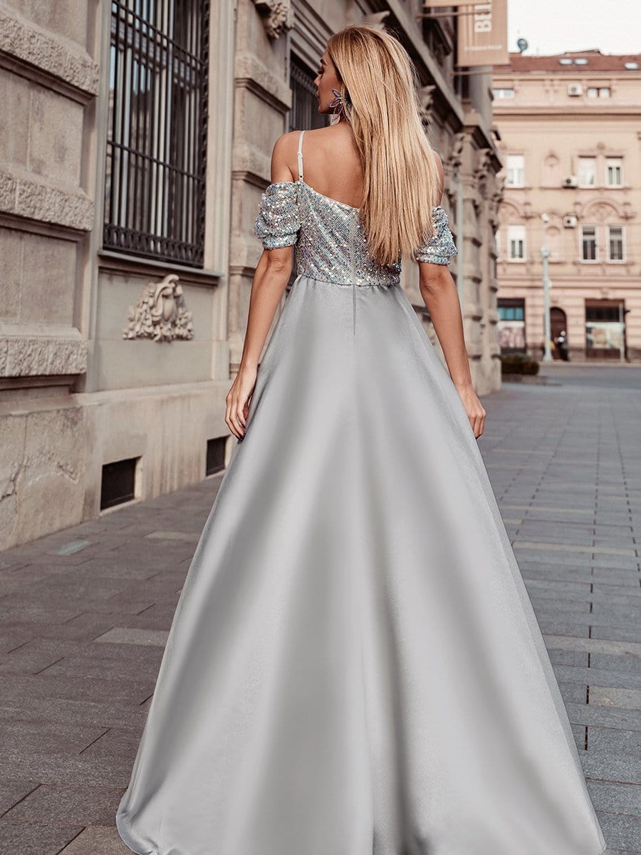 Color=Grey | Sweet High-Low Satin & Sequin Prom Dress With Spaghetti Straps-Grey 7 Color=Grey | Sweet High-Low Satin & Sequin Prom Dress With Spaghetti Straps-Grey 7
