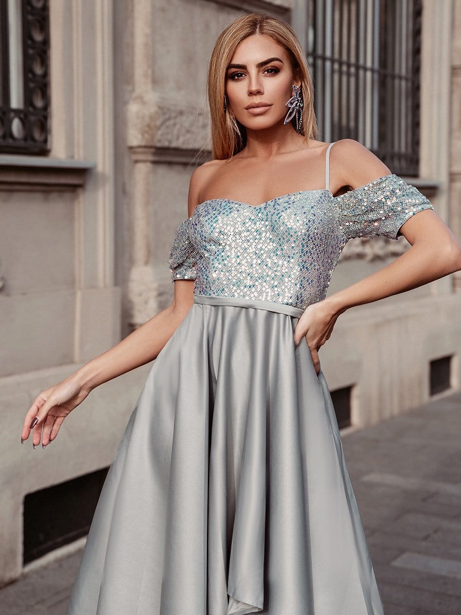 Color=Grey | Sweet High-Low Satin & Sequin Prom Dress With Spaghetti Straps-Grey 8 Color=Grey | Sweet High-Low Satin & Sequin Prom Dress With Spaghetti Straps-Grey 8