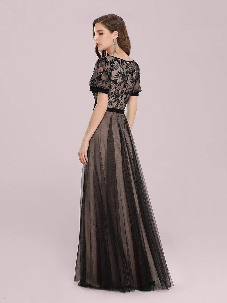 Color=Black | Fashion Constract Color Tulle & Lace Evening Dress-Black 3 Color=Black | Fashion Constract Color Tulle & Lace Evening Dress-Black 3