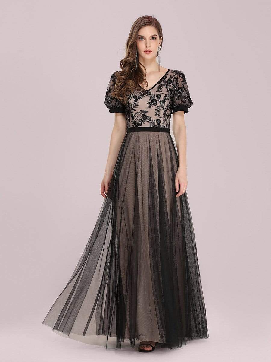 Color=Black | Fashion Constract Color Tulle & Lace Evening Dress-Black 1 Color=Black | Fashion Constract Color Tulle & Lace Evening Dress-Black 1