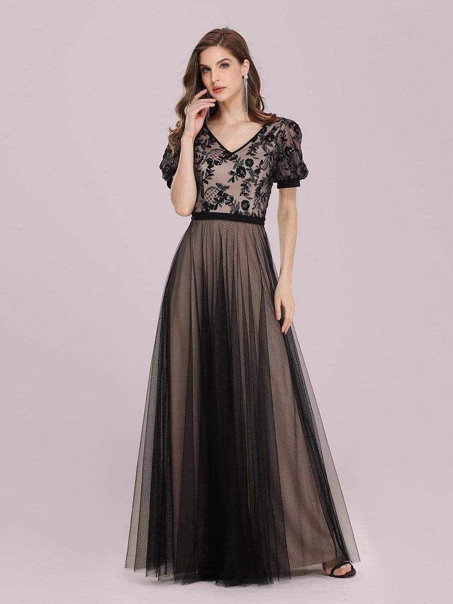 Color=Black | Fashion Constract Color Tulle & Lace Evening Dress-Black 2 Color=Black | Fashion Constract Color Tulle & Lace Evening Dress-Black 2