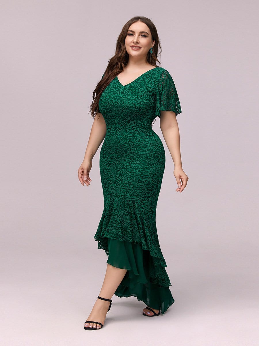 Color=Dark Green | Dainty V Neck Mermaid Tea Length Plus Size Party Dresses-Dark Green 3 Color=Dark Green | Dainty V Neck Mermaid Tea Length Plus Size Party Dresses-Dark Green 3