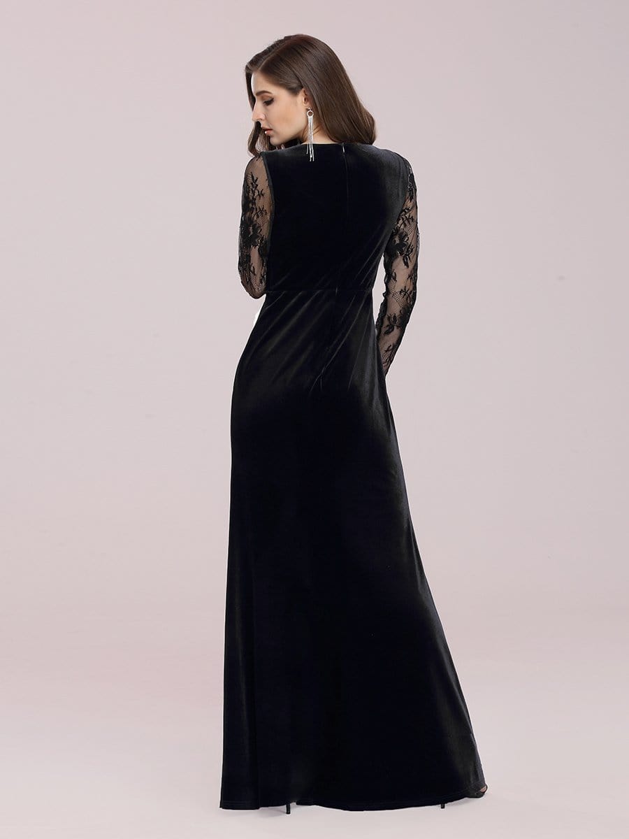 Color=Black | Elegant V Neck Sheath Evening Dress With Long Lace Sleeves-Black 2 Color=Black | Elegant V Neck Sheath Evening Dress With Long Lace Sleeves-Black 2