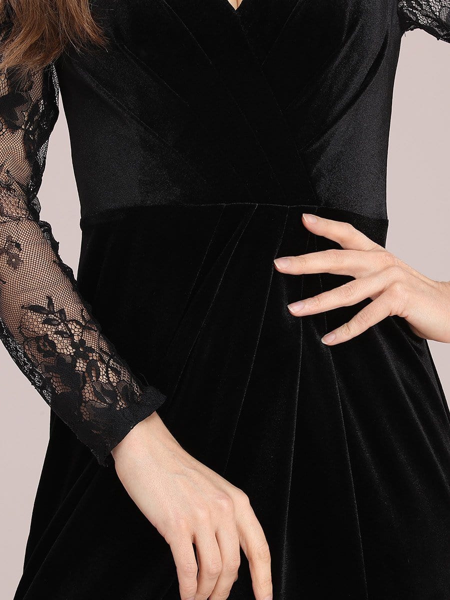 Color=Black | Elegant V Neck Sheath Evening Dress With Long Lace Sleeves-Black 5 Color=Black | Elegant V Neck Sheath Evening Dress With Long Lace Sleeves-Black 5